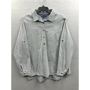 Tommy Hilfiger Tunic Shirt Top Women XXL 1/2 Button Roll Tab Sleeve Gray Striped